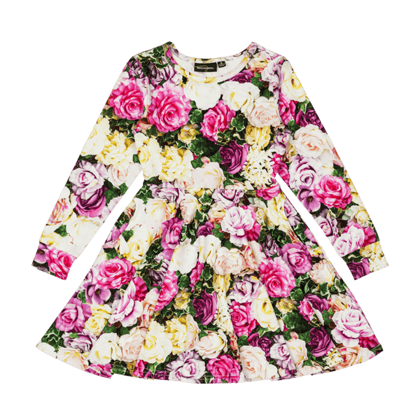 Rock Your Baby Flower Wall Long Sleeve Waisted Dress in Floral Multi