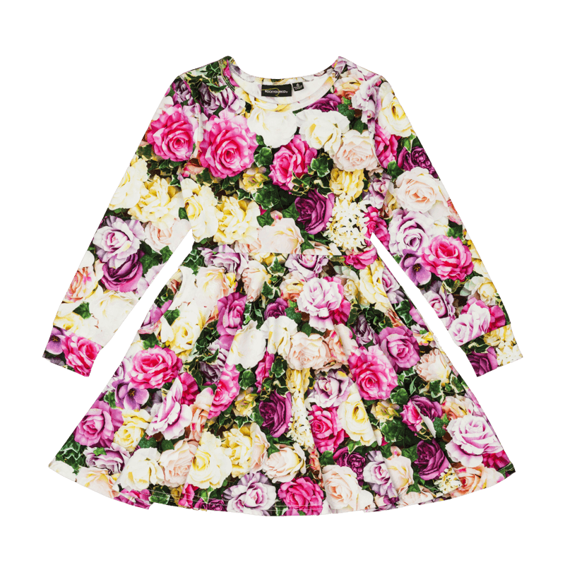 Rock Your Baby Flower Wall Long Sleeve Waisted Dress in Floral Multi