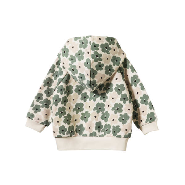 Nature Baby Hooded Sweatshirt painted pansy print in natural