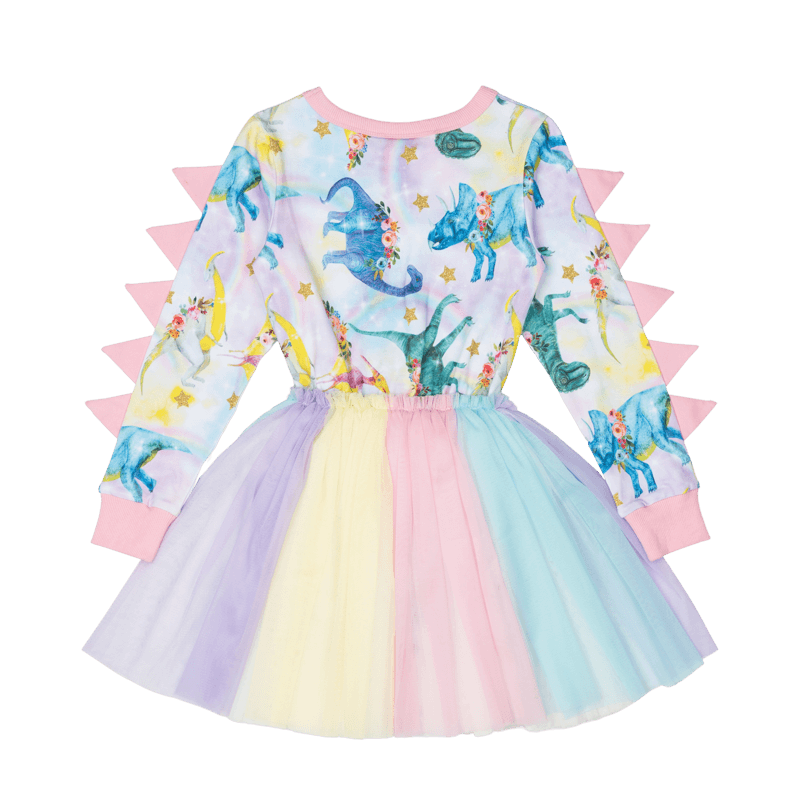 Rock Your Baby Dinosaur Parade Long Sleeve Circus Dress in Multi