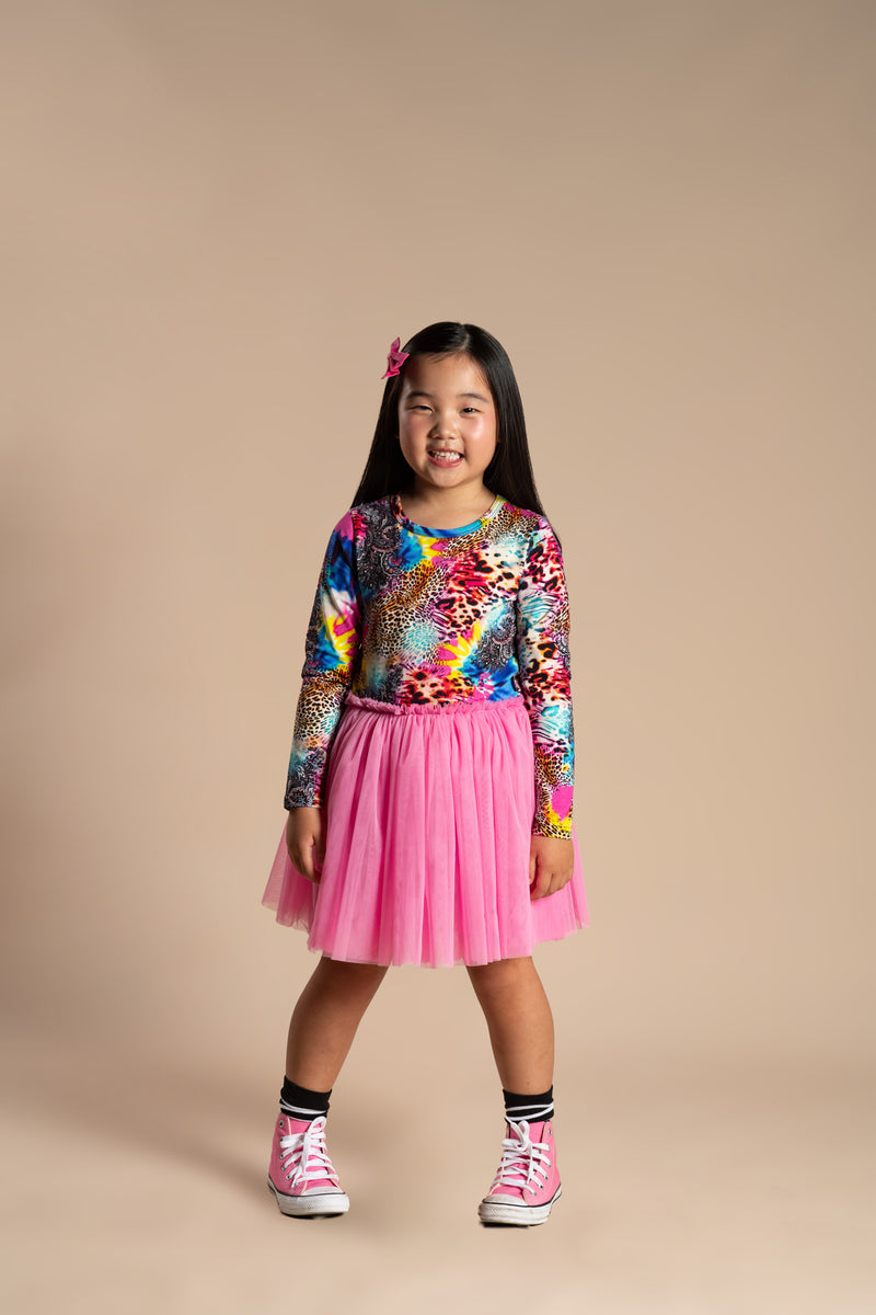 Rock Your Baby Abstract Leopard Long Sleeve Circus Dress in Multi