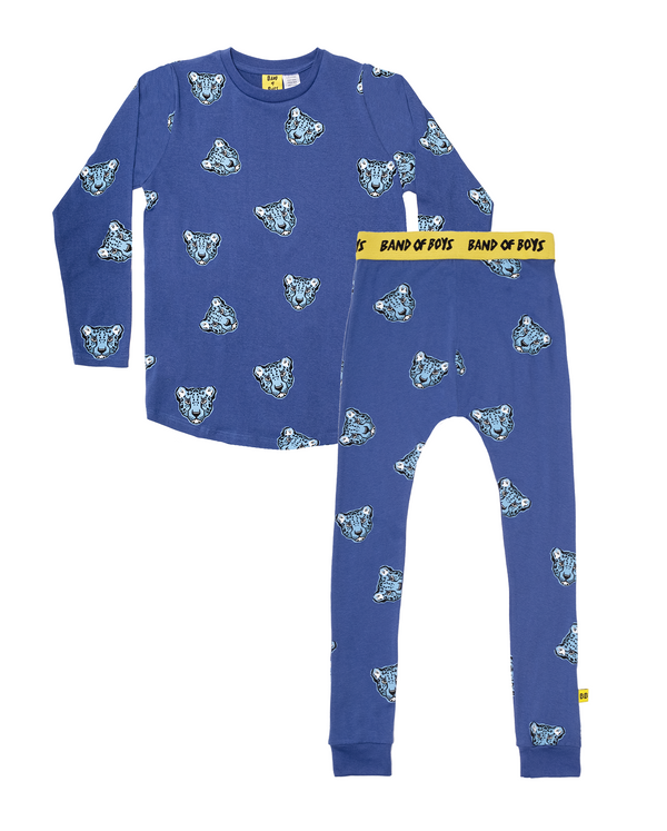 Band of Boys PJ set Cheetah face repeat in blue