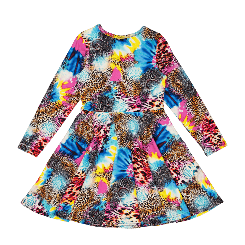 Rock Your Baby Abstract Leopard Long Sleeve Waisted Dress in Multi