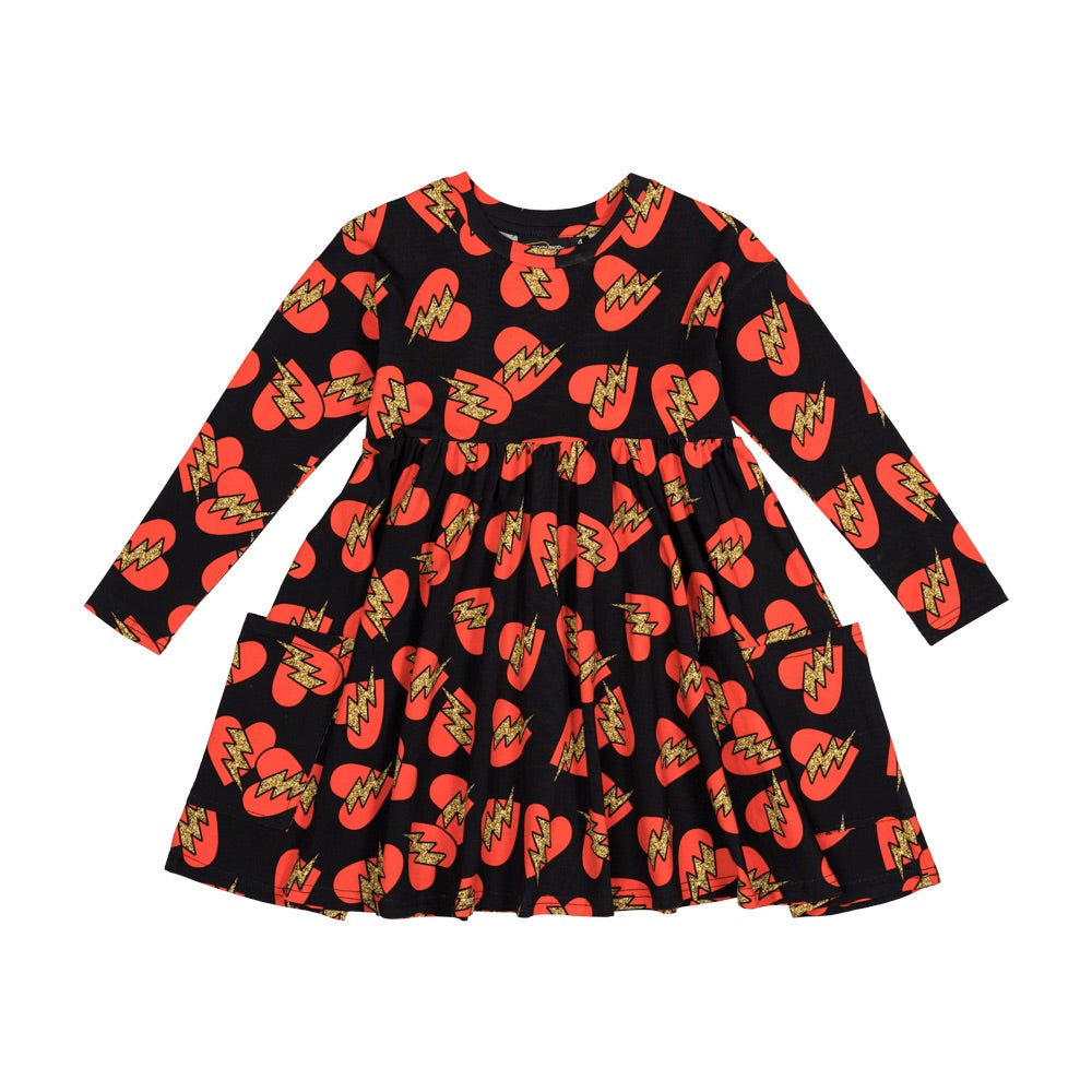 Rock your baby electric hearts LS dress in black & red