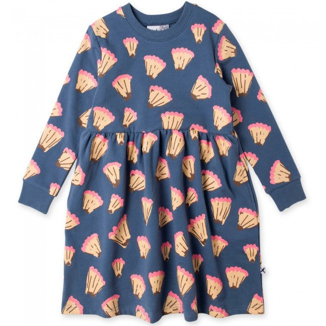 Minti long sleeve pencil shavings furry cotton fleece dress in denim blue 
