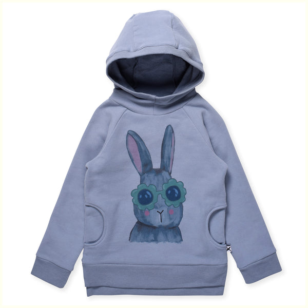 Minti Bunny in Sunnies Furry Hood Muted Blue in Blue