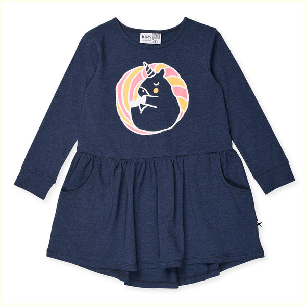 Minti Sleepy Unicorns Dress Dark Blue Marle in Blue