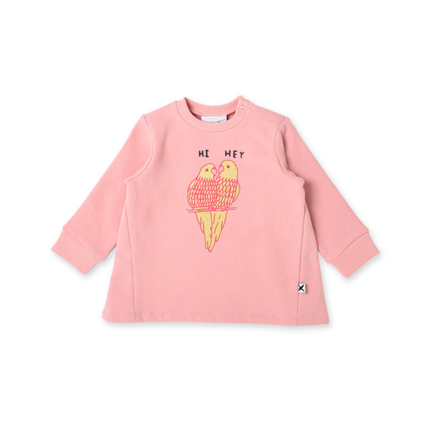 Minti hi hey parrot baby crew jumper in muted pink cotton fleece