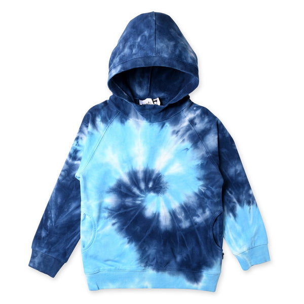 a flay image of the Minti long sleeve spiral furry cotton fleece hoodie in blue