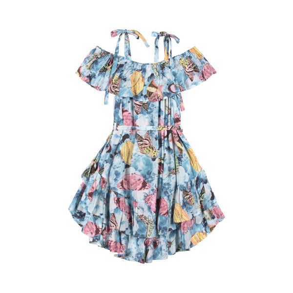 Paper Wings Frilled Off the Shoulder Dress - Vintage  Butterly Roses in multi colour print