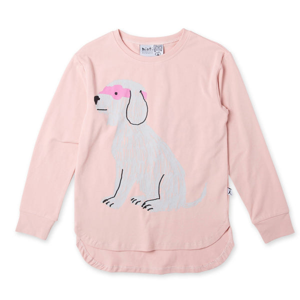 a flat lay image of the minti long sleeve super dog t-shirt in muted pink cotton MNT756-W20-SD-MP