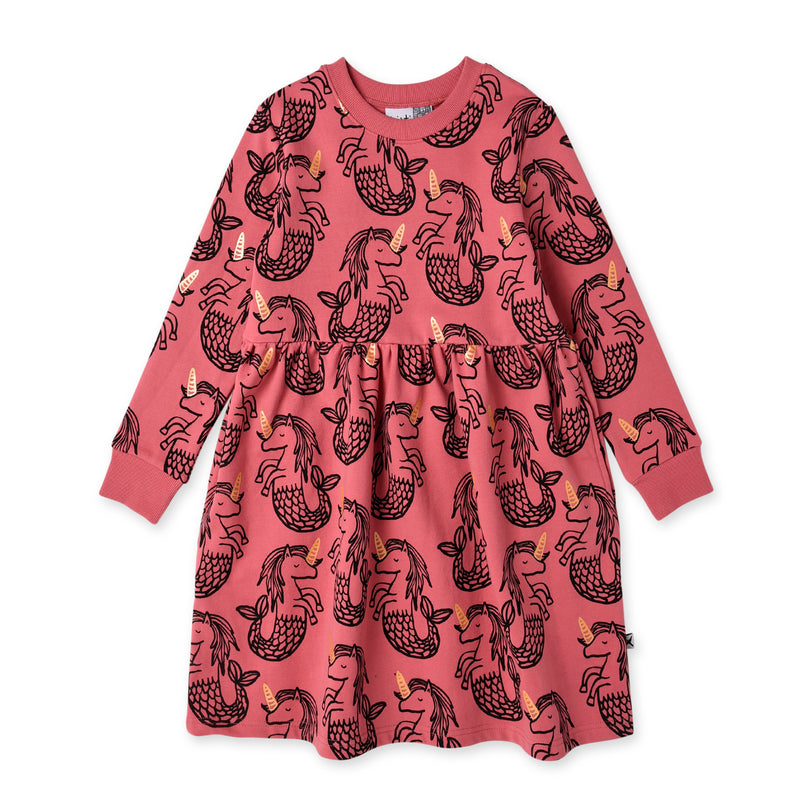 Minti long sleeve seahorse girls dress in cotton fleece MNT753-W20-F-MS-RO-B