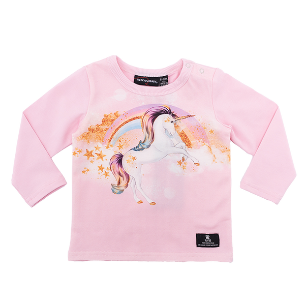rock your baby long sleeve stargazer t-shirt in pink cotton with unicorn print BGT206-SG