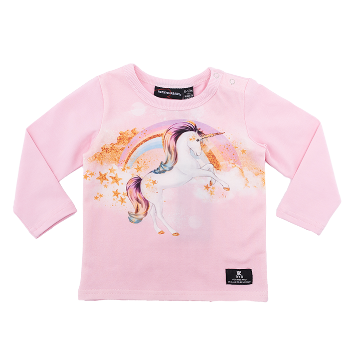 rock your baby long sleeve stargazer t-shirt in pink cotton with unicorn print BGT206-SG